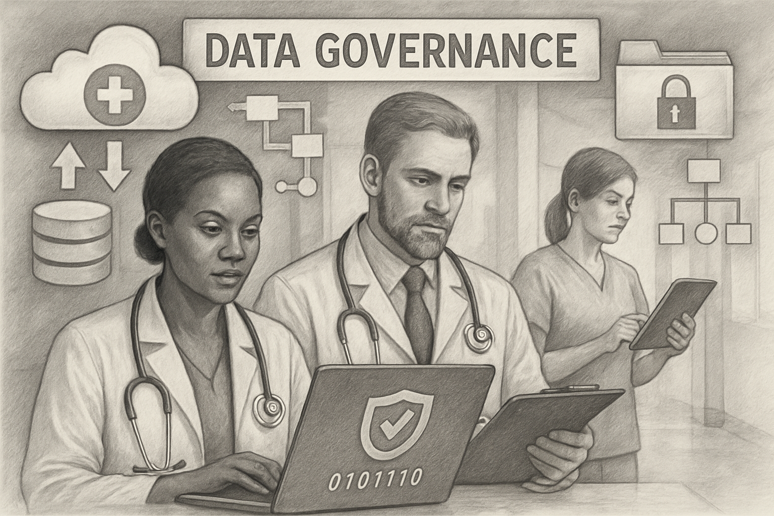 a photorealistic drawing depicting data governance in health