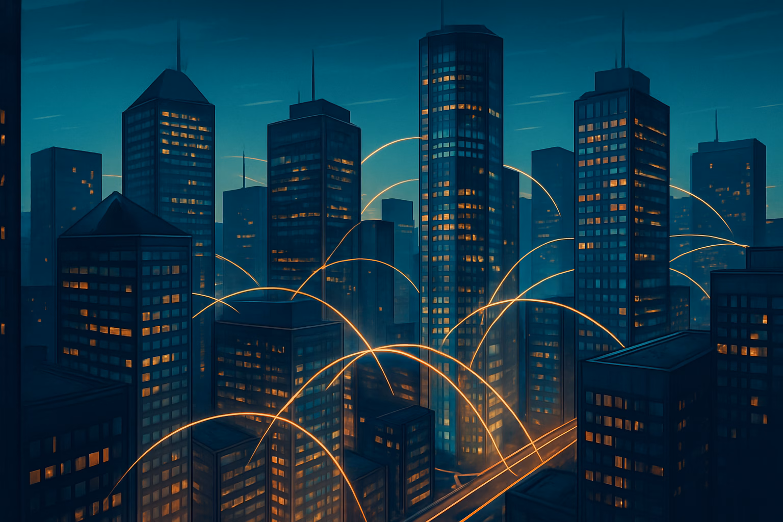 a high-angle view of a modern financial district at dusk wit